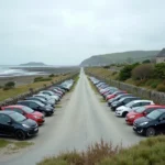 Parking gravier près de Saint Cado avec vue sur l'île et les maisons en pierre bretonne