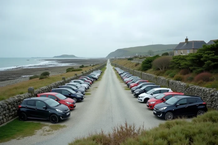 Parking gravier près de Saint Cado avec vue sur l'île et les maisons en pierre bretonne