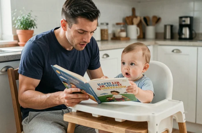 Père lisant un livre cartonné à son bébé de 8 mois installé dans une chaise haute en bois dans la cuisine