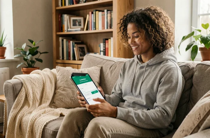 Personne utilisant une tablette pour envoyer de l'argent via Western Union depuis un salon confortable
