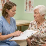 Physiothérapeute évaluant la mobilité d'une senior avec l'échelle de Tinetti sur un formulaire imprimé