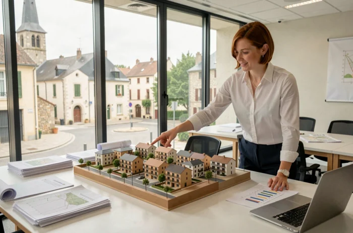 Présentation d'un projet d'aménagement urbain par une urbaniste devant une maquette dans les locaux de CC Rhin