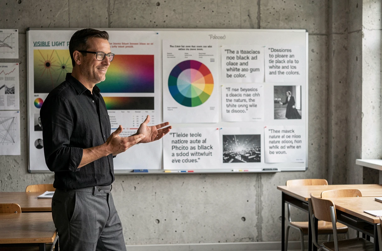 Professeur d'art expliquant le spectre visible et la nature scientifique des couleurs blanc et noir dans une salle de cours de design