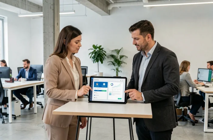 Deux professionnels comparant markeonbiz et Bizz Club sur une tablette dans un espace de coworking