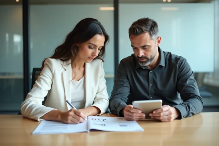 Deux professionnels consultant des guides et ressources numériques ensemble dans une salle de réunion moderne