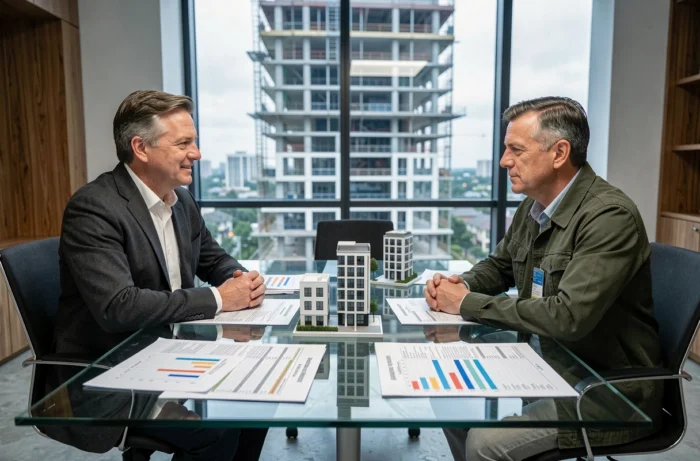 Deux promoteurs immobiliers en réunion autour de rapports budgétaires et de maquettes pour anticiper la baisse des prix de construction en 2026