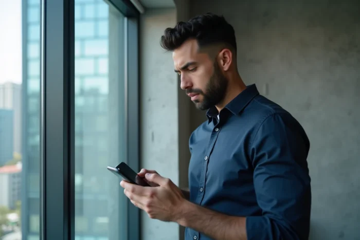 Homme consultant Instagram sur son téléphone après avoir perdu le contact d'un profil suite à un changement de nom d'utilisateur