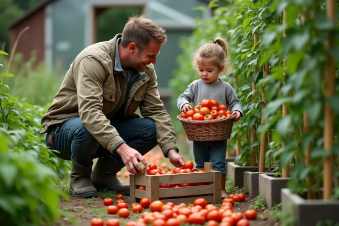 Père et enfant récoltant des tomates bio dans un potager familial en plein air