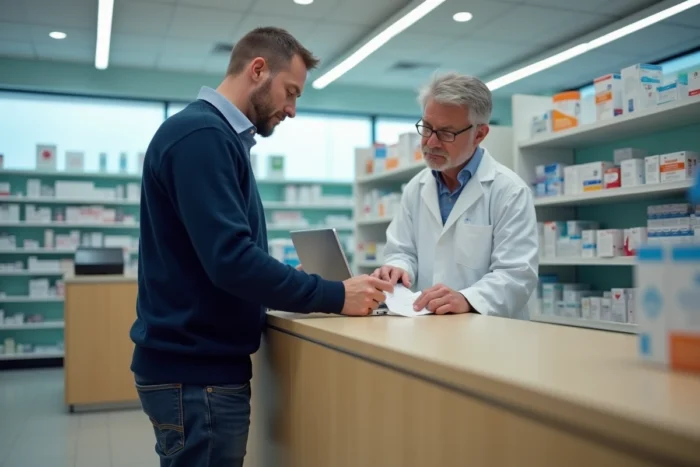 Homme recevant une confirmation de remboursement santé rapide à la pharmacie
