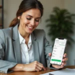 Femme consultant son application de remboursement santé en temps réel sur smartphone au bureau à domicile