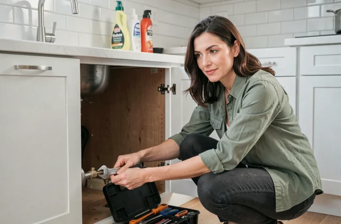 Femme réparant la plomberie sous un évier de cuisine lors d'un entretien courant à domicile