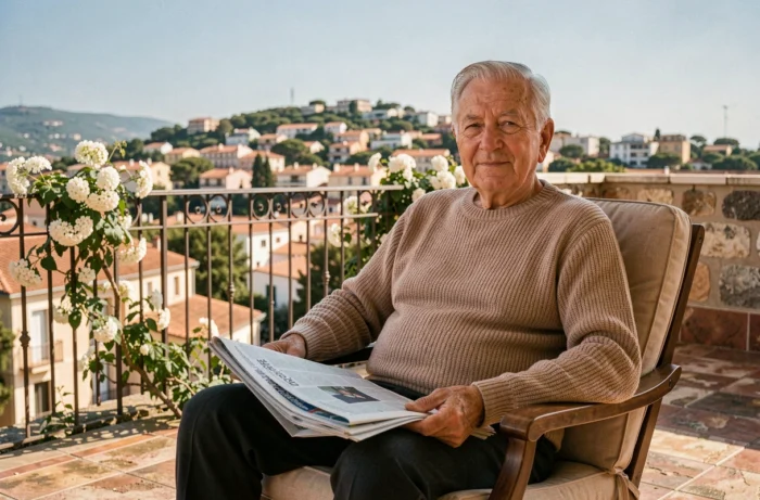 Un résident âgé se repose paisiblement sur la terrasse ensoleillée d'un EHPAD avec vue sur les collines de Toulon et les toits varois