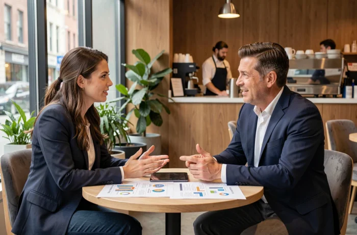 Deux professionnels du business en réunion informelle dans un café urbain discutant de stratégies commerciales autour de documents et d'une tablette