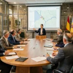 Réunion du conseil communautaire de CC Rhin avec élus et citoyens autour d'une table dans une salle moderne alsacienne