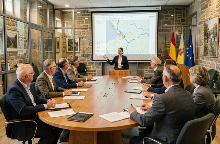 Réunion du conseil communautaire de CC Rhin avec élus et citoyens autour d'une table dans une salle moderne alsacienne