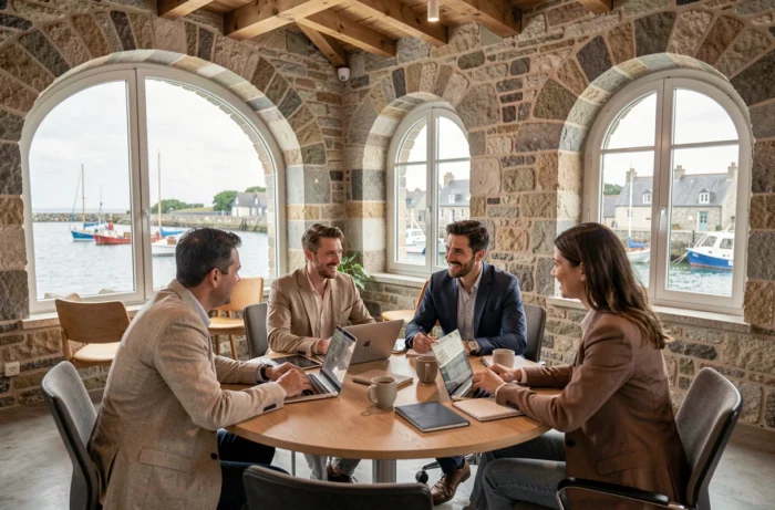 Groupe d'entrepreneurs en réunion collaborative dans un espace de coworking breton avec vue sur le port