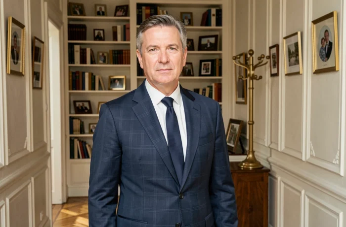 Portrait d'un homme distingué dans un appartement parisien élégant, évoquant la vie privée et le parcours personnel de Richard Caillat