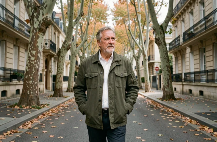 Homme marchant dans une rue résidentielle française en automne, reflétant le parcours personnel et la vie quotidienne de Richard Caillat