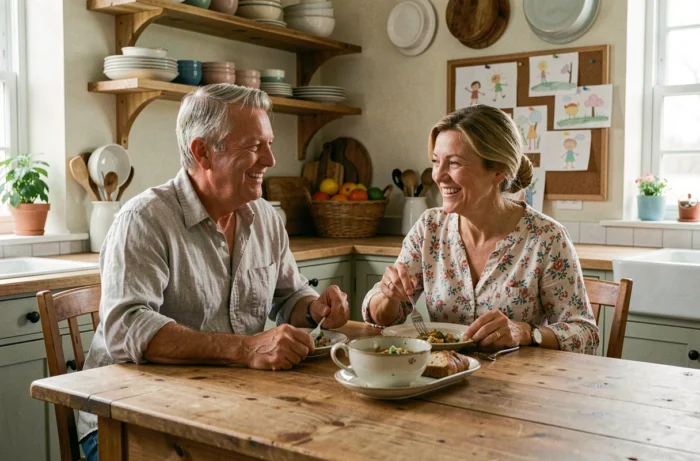 Couple partageant un repas dans une cuisine familiale chaleureuse, illustrant la vie privée et les valeurs familiales de Richard Caillat