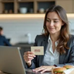 Salariée en salle de pause d'entreprise tenant un titre-restaurant à côté de son repas emballé