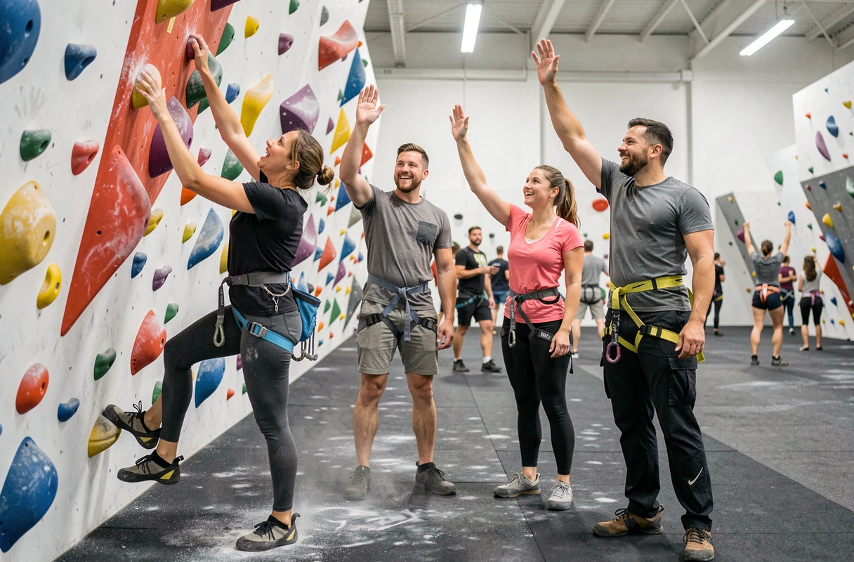 Groupe d'adultes en salle d'escalade à Cholet, loisirs sportifs et rencontres sociales