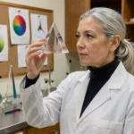 Scientifique en laboratoire d'optique tenant un prisme en verre pour illustrer le débat sur le blanc et le noir comme couleurs