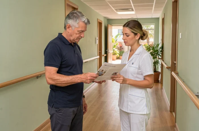 Un fils adulte consulte une coordinatrice de soins dans le couloir moderne d'un EHPAD à Toulon, tenant une brochure d'information sur les établissements