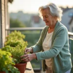 Femme senior qui prend soin de ses plantes aromatiques sur un balcon, illustrant le bien-être au quotidien des personnes âgées