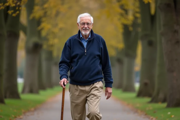 Homme âgé se promenant dans un parc avec une canne, symbolisant la vitalité et l'activité physique douce pour les seniors