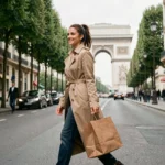 Femme élégante en trench-coat beige sur les Champs-Élysées avec des sacs de shopping de luxe et l'Arc de Triomphe en arrière-plan
