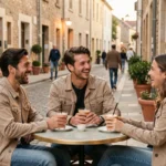 Groupe d'amis attablés en terrasse à Cholet pour une soirée conviviale en ville