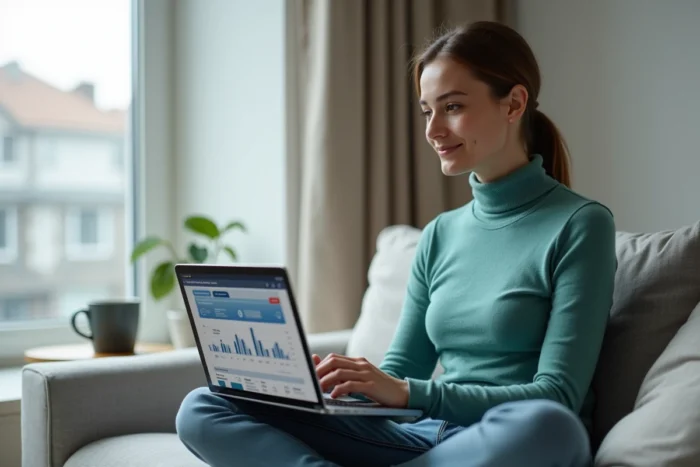 Jeune femme consultant l'historique de ses remboursements santé sur un ordinateur portable à la maison