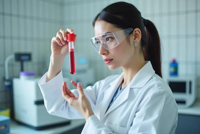 Scientifique de laboratoire examinant un tube centrifugé avec un sérum opalescent lors d'un bilan lipidique en laboratoire médical moderne