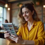 Femme lisant les dernières tendances et infos insolites de la semaine sur une tablette dans un café moderne