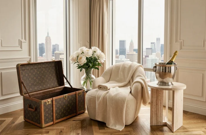 Suite hôtelière de luxe contemporaine avec malle de voyage ouverte, bouquet de pivoines blanches, jeté en cachemire et seau à champagne argenté devant des fenêtres panoramiques sur la ville