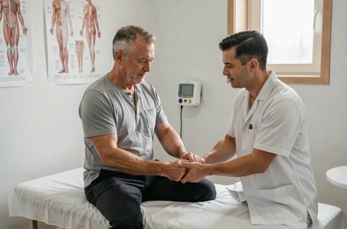 Patient âgé réalisant un test neurologique de coordination dans un cabinet médical pour évaluer l'évolution d'une leucopathie cérébrale