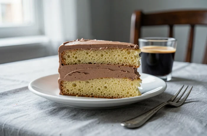 Tranche de biscuit Joconde garnie de crème au beurre café présentée sur une assiette en céramique blanche avec un expresso en arrière-plan