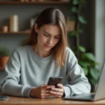 Jeune femme perplexe cherchant un utilisateur introuvable sur Instagram depuis son smartphone